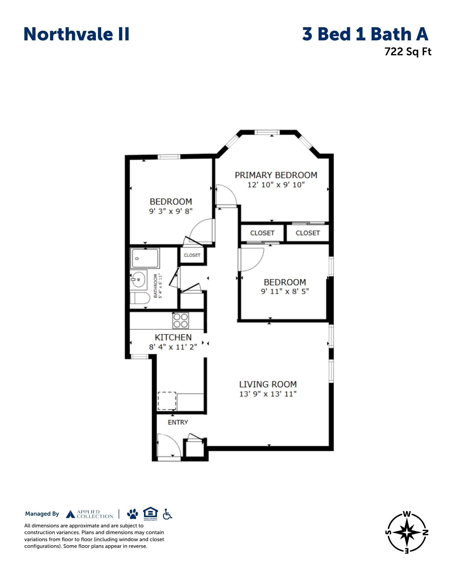 Floor plan for 3 beds, 1 bath, 722 sqft